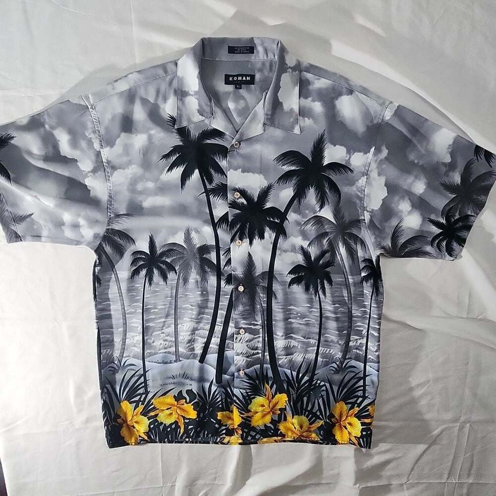 KOMAN Sport Men's XL Vintage Grey Palm Tree Hawaiian Aloha Shirt